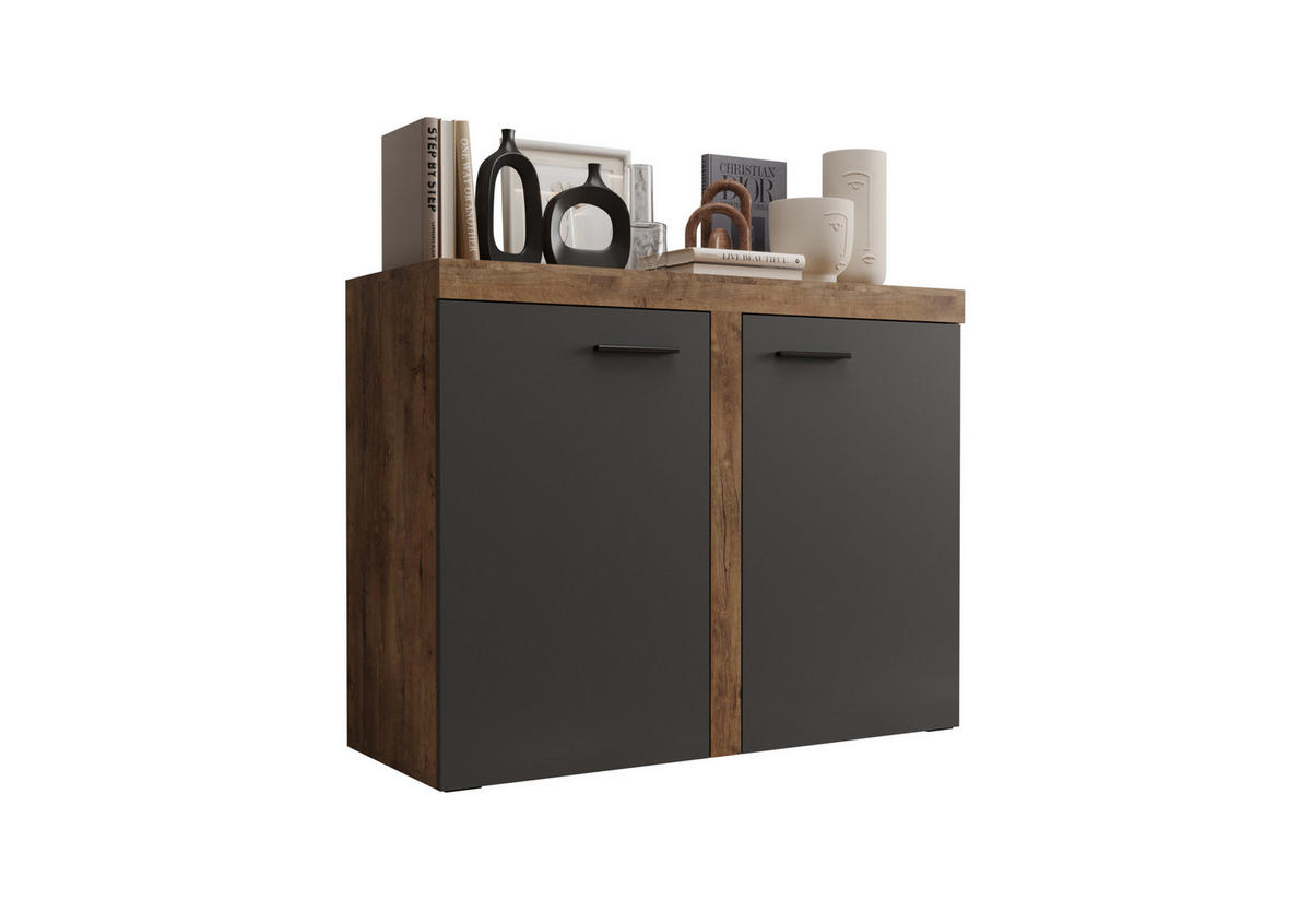 KOMMODE London LRXK 2D mit 2 Türen, Sideboard in Farbe: Dunkelgrau|Braun, Größe: 97 x 82 x 40 cm - Dunkelgrau/Braun, Holzwerkstoff (97/82/40cm) - O-Sofa