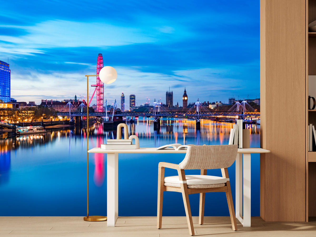 FOTOTAPETE für Wohnzimmer Panorama London Eye Themseufer 300x210 - Blau/Rot, Papier (300/210cm) - Muralo