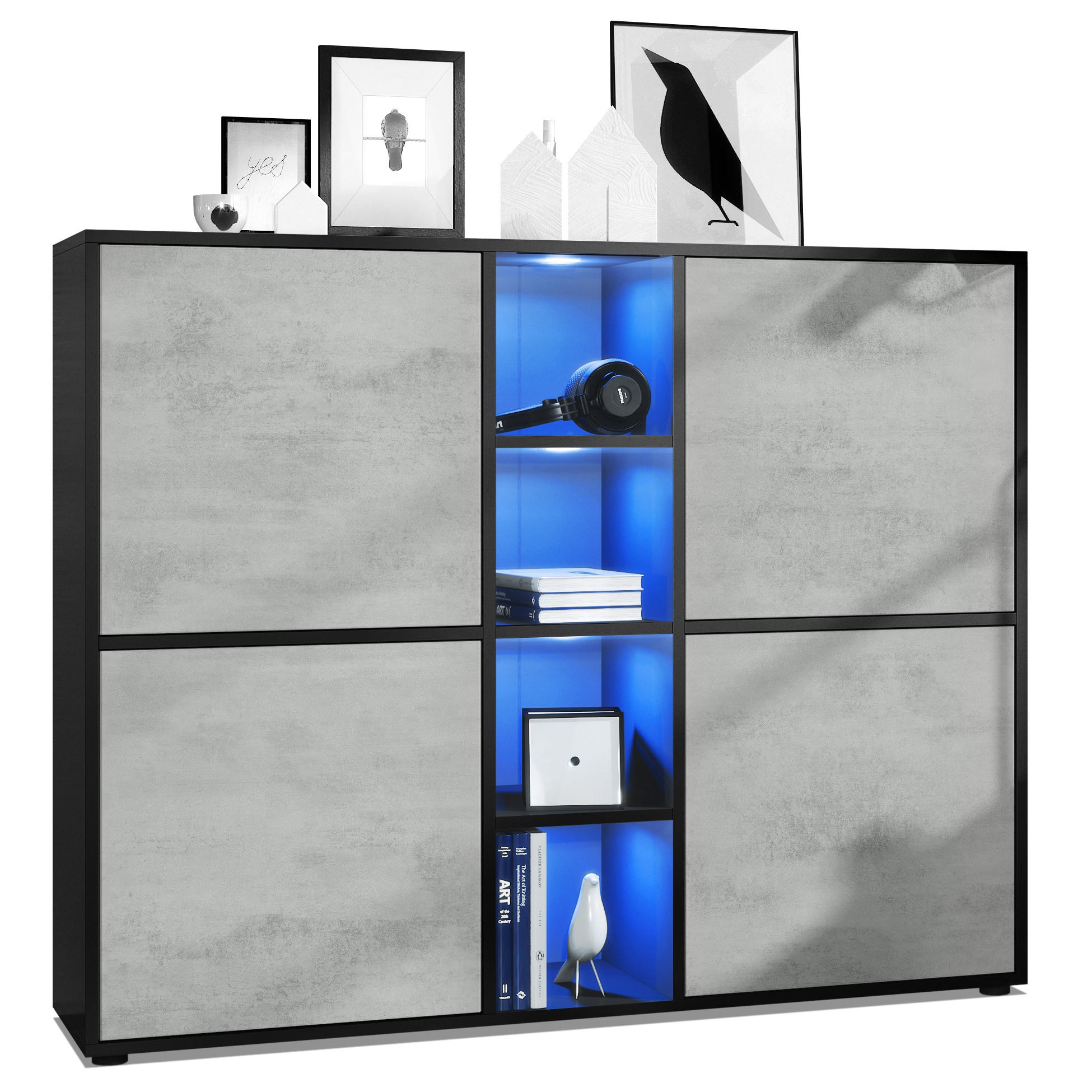 HIGHBOARD Cuba Türen in Beton Oxid Optik - Hellgrau, Holzwerkstoff (130.5/105.5/35.5cm) - Vladon