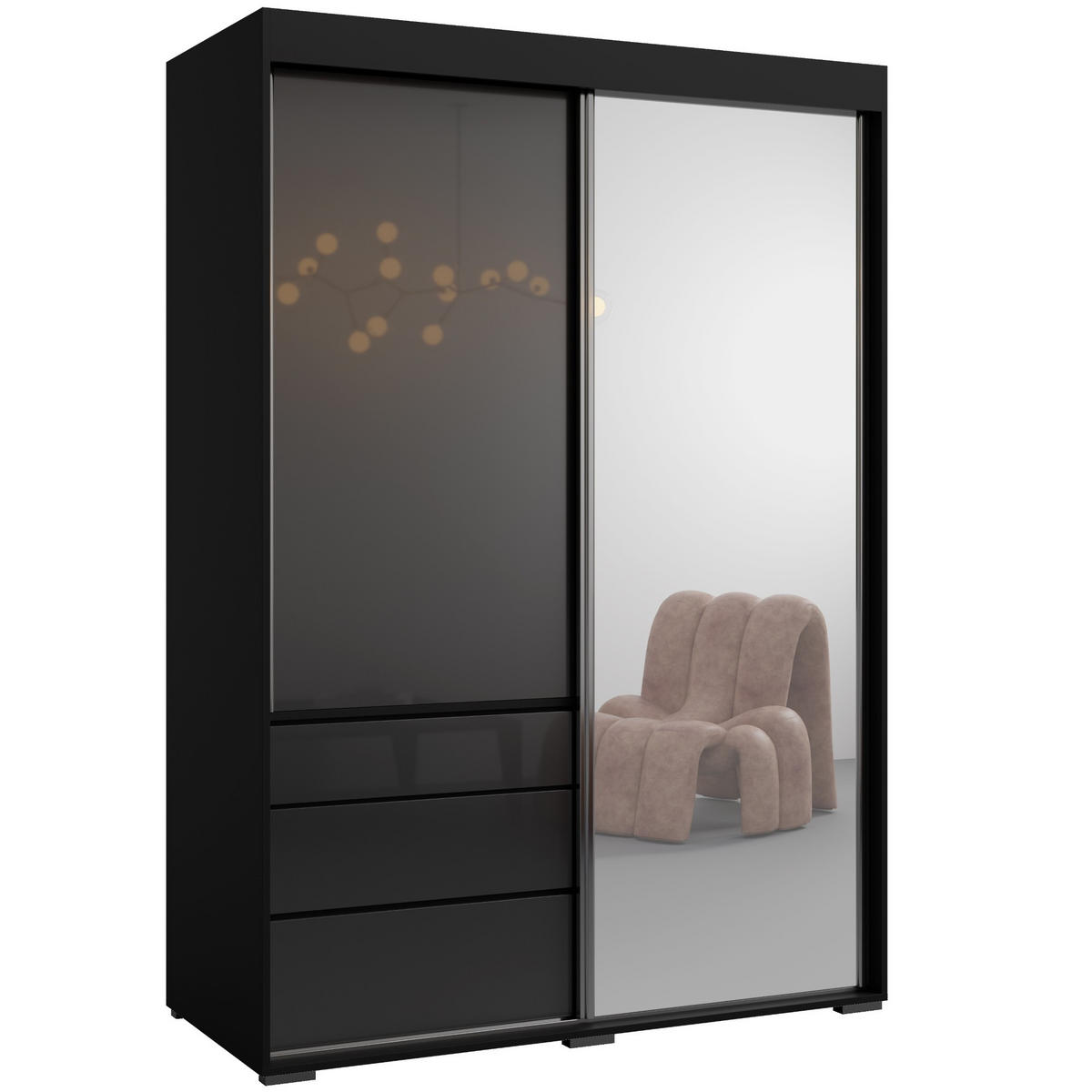 SCHIEBETÜRENSCHRANK mit Schubladen und Spiegel Torino 2D1L 140 Schwarz (Lacobel) - Silberfarben/Schwarz, Holzwerkstoff/Metall (140/204/65cm) - mzm24