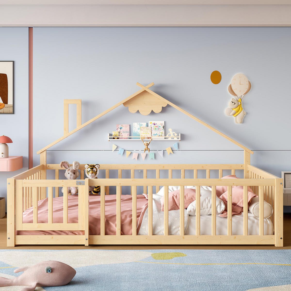 FLACHBETT 140/190 cm Natur Kiefernholz mit Geländer und Schloss - Naturfarben, Holz (140/190cm) - OKWISH