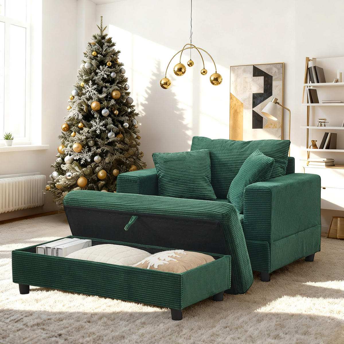 SOFA Cord Smaragdgrün mit Stauraum und mit Kissen - Smaragdgrün, Holzwerkstoff/Kunststoff (137.5/89/81cm) - WISHDOR