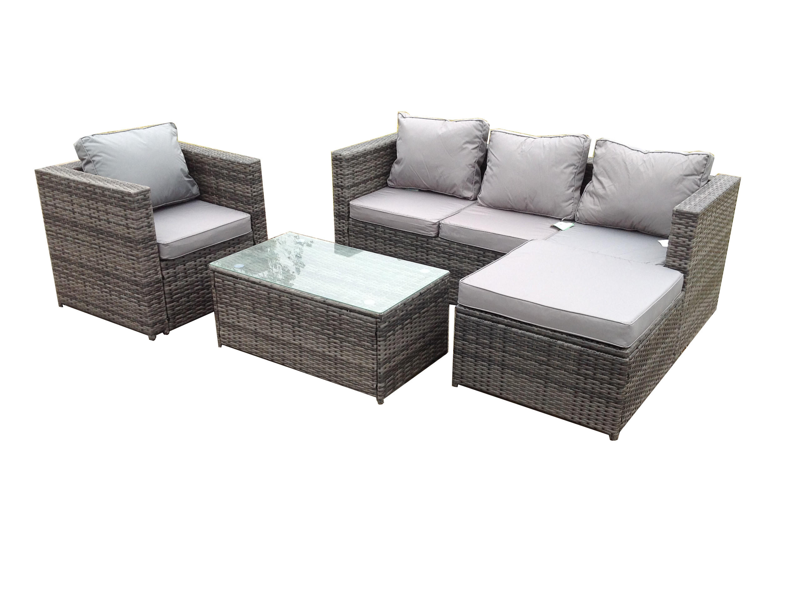 GARTENMÖBELSET mit Couchtisch Polyrattan 5-Sitzer - Dunkelgrau/Grau, Glas/Kunststoff - Fimous