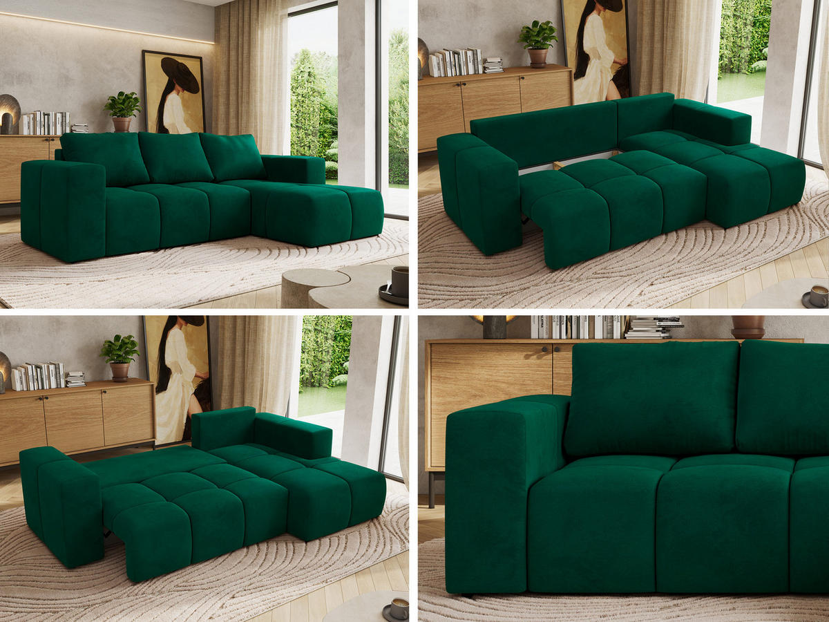 ROHOVÁ SEDAČKA MONIVA L - Tmavě zelená Samet - Pravá Strana - černá/tmavě zelená, textil/plast (266/164cm) - MKS