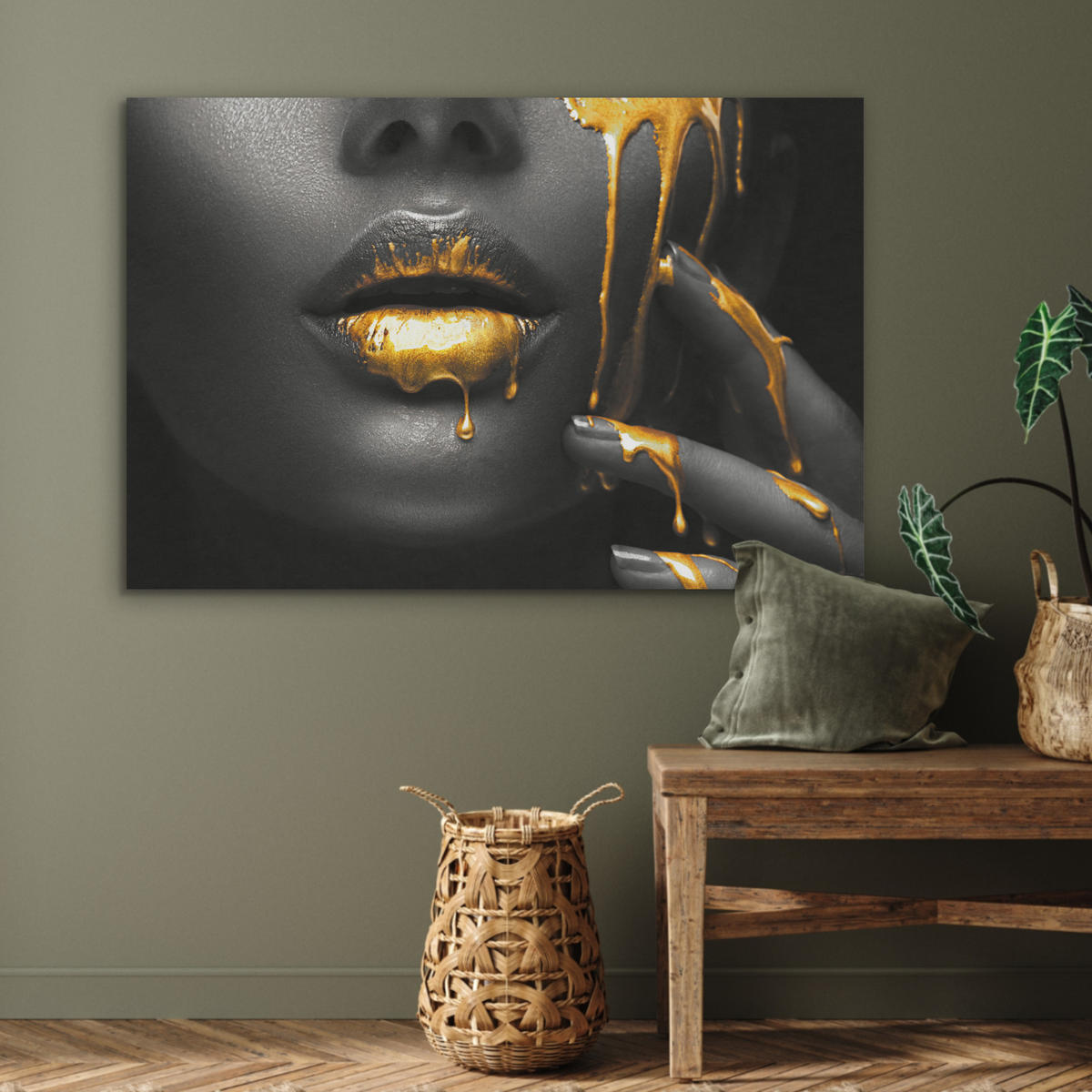 AKUSTIKBILD Frau - Schwarz - Gold - Gesicht - Lippen Akustikpaneele 90x60 cm - Goldfarben, Kunststoff (90/60/0.9cm) - MuchoWow