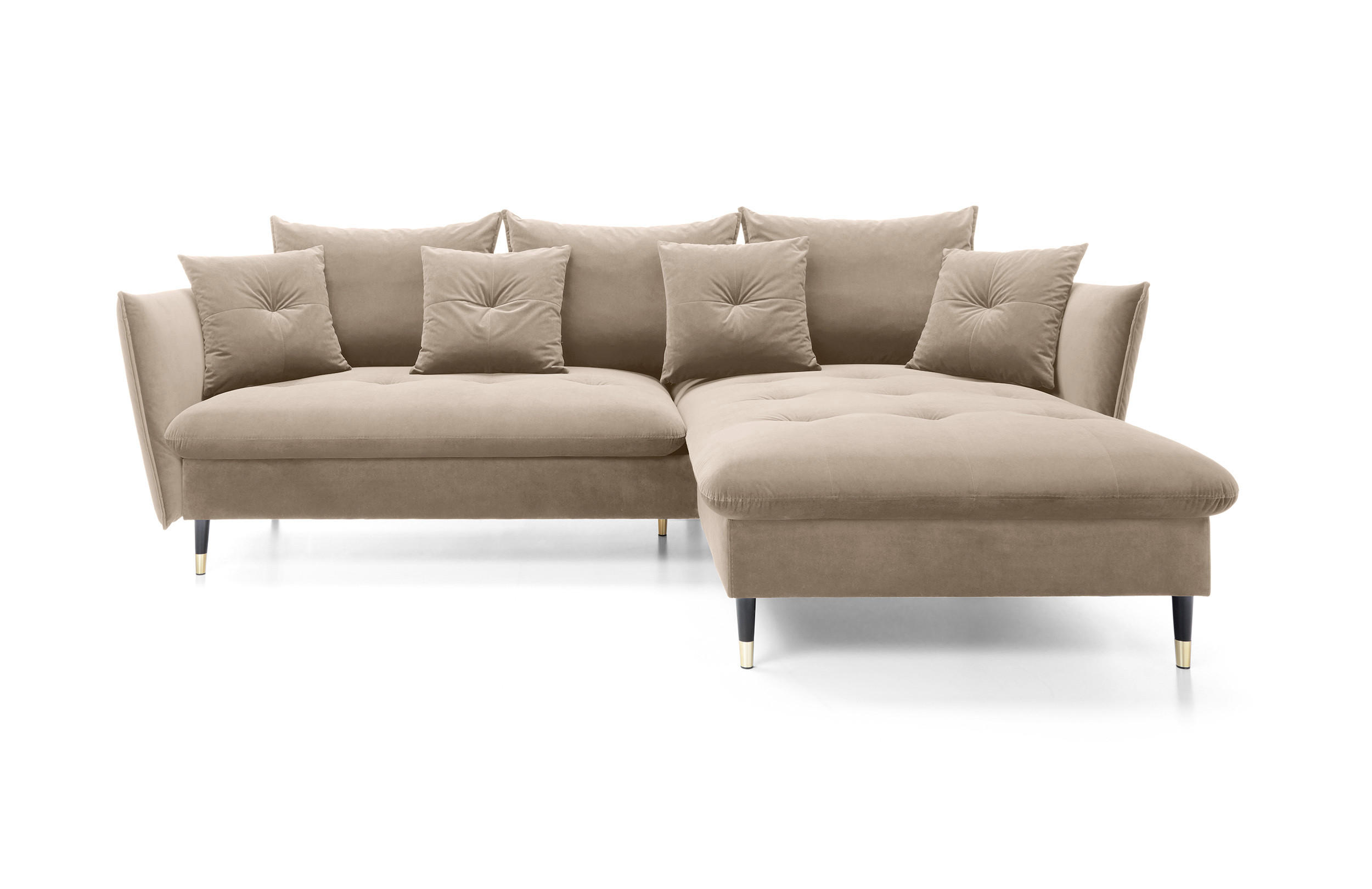 ECKSOFA GLAM mit Schlaffunktion, Ottomane & goldenen Füßen – Samtsofa im Glamour-Stil mit Zierkissen, 258x167x91 cm, rechte, beige​ - Beige, Holz/Textil (258/167cm) - DomoHome