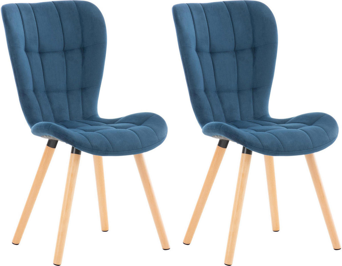 STUHL 2er Set Samt blau - Blau/Eukalyptusholzfarben, Holz/Textil (50/88/63cm) - CLP