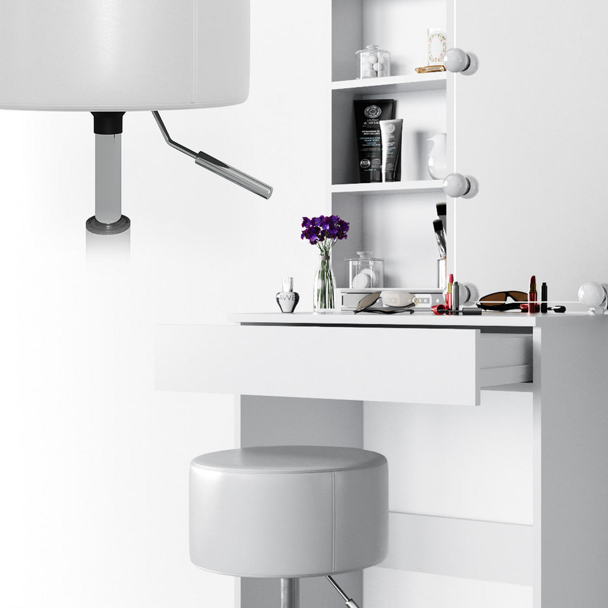 SCHMINKTISCH Melle Weiß 68 cm mit LED Beleuchtung und Hocker - Weiß, Holzwerkstoff (68/155/42cm) - Vicco