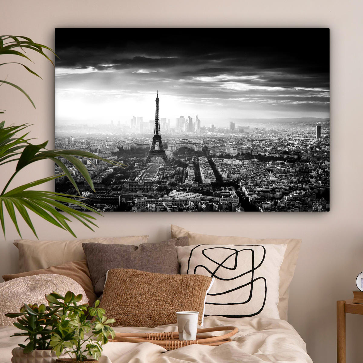 LEINWANDBILD Paris - Skyline - Eiffelturm - Stadt - Wolken Wohnzimmer Groß 120x80 cm - Dunkelgrau, Textil (120/80cm) - MuchoWow