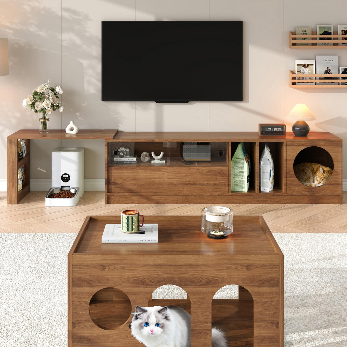 TV-SCHRANK 180(+80)x40x50cm Nussbaum drehbar ausziehbar Katzenruheraum - Walnussfarben, Holz (40/50/180cm) - FLIEKS