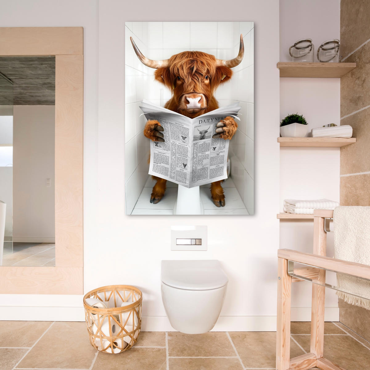 LEINWANDBILD Schottischer Highlander - Tier - Zeitung - Toilette 80x120 cm - Kastanienfarben, Textil (80/120cm) - MuchoWow