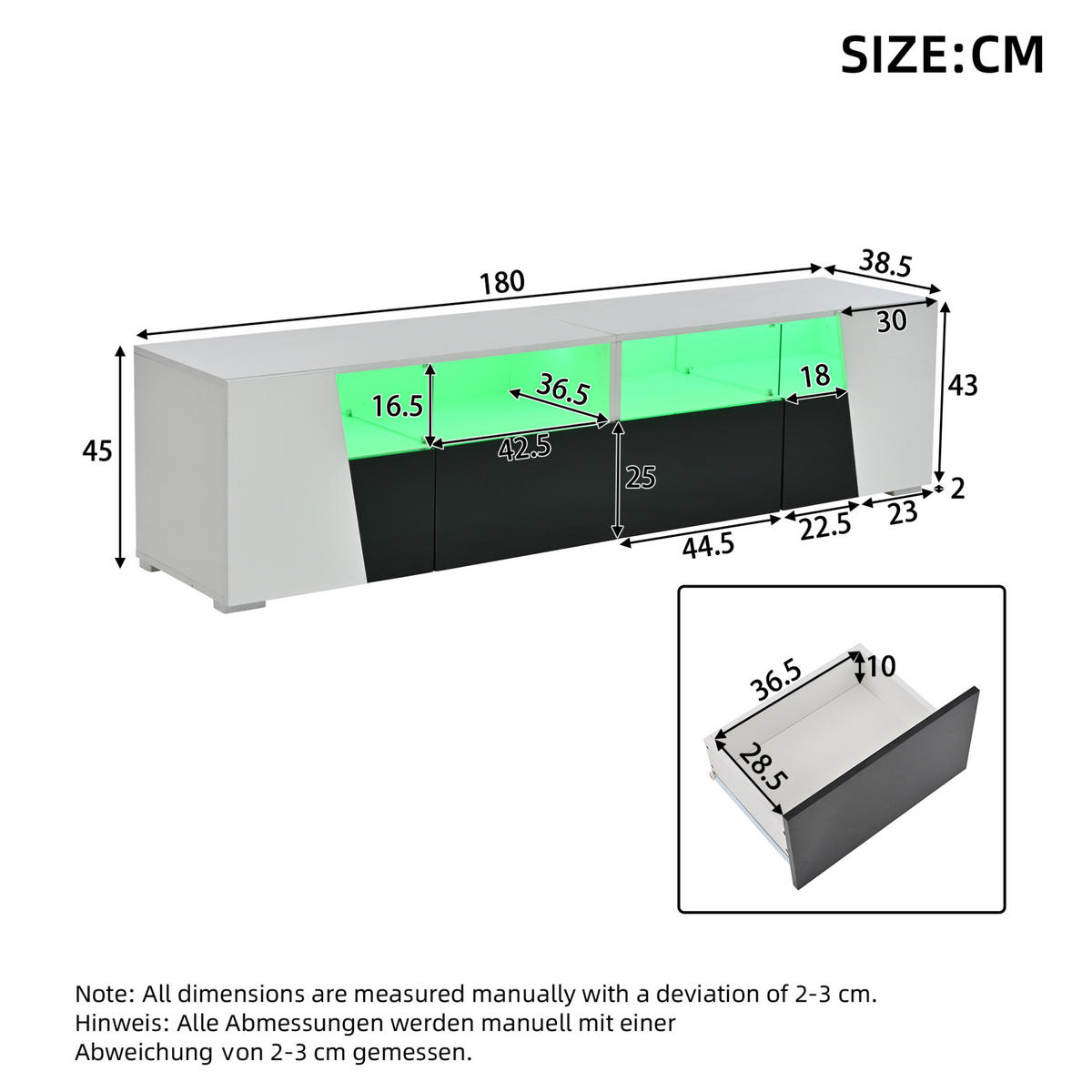 TV-ELEMENT mit LED 180 x 38,5 x 45 cm Hochglanz Schwarz/Weiß - Weiß, Glas (38.5/45/180cm) - Beauniv