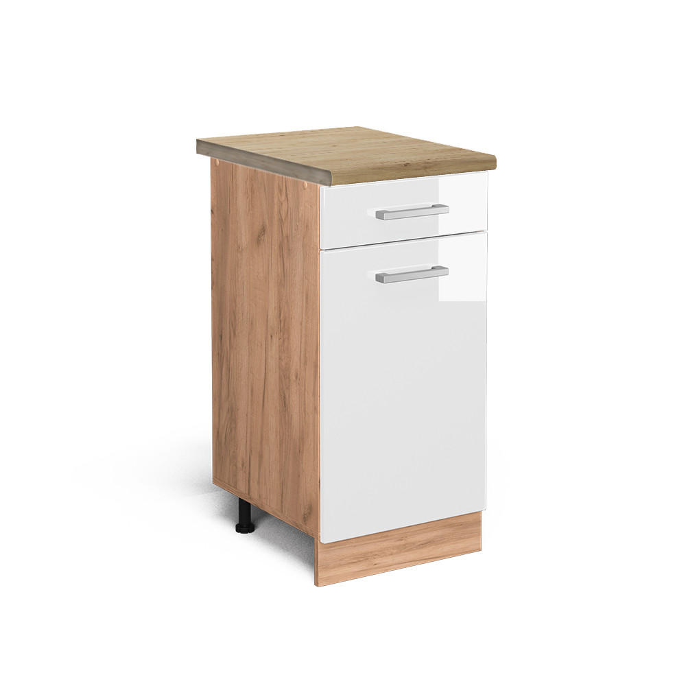 KÜCHENUNTERSCHRANK R-Line Weiß Hochglanz 40 cm, AP Eiche - Weiß Hochglanz/Eiche Wotan, Holzwerkstoff (40/81.6/60cm) - Vicco