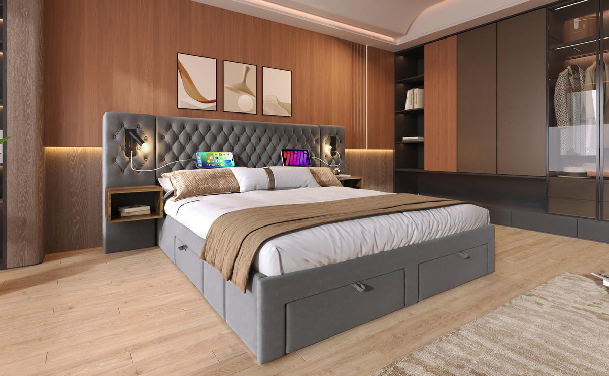 POLSTERBETT 180/200 cm Grau aus Samt mit Nachttischen - Grau, Textil (180/200cm) - OKMYHOME