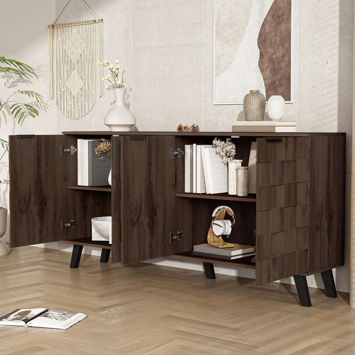SIDEBOARD 160cm 4 Türen dunkle Holzmaserung modern - Walnussfarben, Holzwerkstoff (35.5/78/160.5cm) - FLIEKS