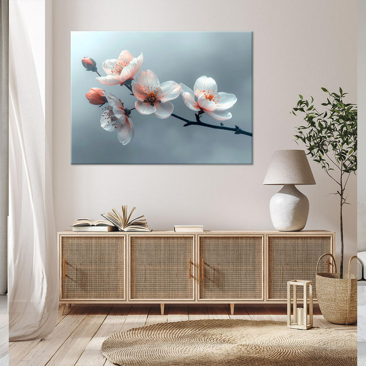 LEINWANDBILDER, Magnolien mit rosa Knospen auf blauem Hintergrund - Blau, Textil (60/40cm) - Feeby