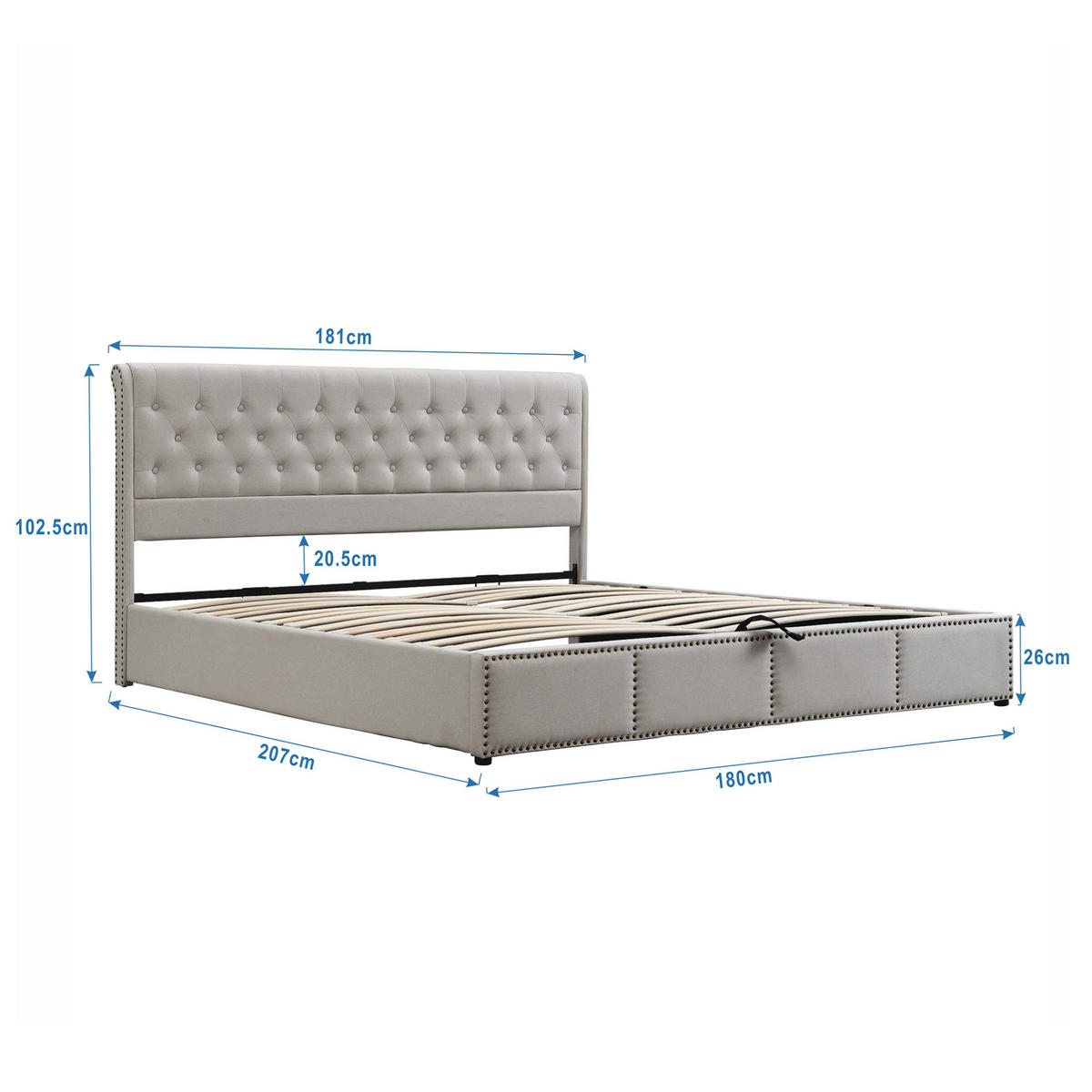 POLSTERBETT 180/200 cm Grau aus Baumwolle-Leinen mit Bettkasten - Grau, Textil (180/200cm) - OKMYHOME