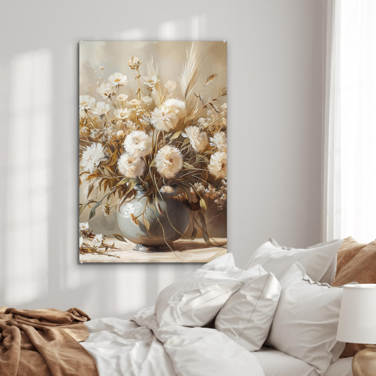 ACRYLGLASBILD Blumen - Vase - Stilleben - Beige 60x90 cm - Creme, Glas (60/90cm) - MuchoWow