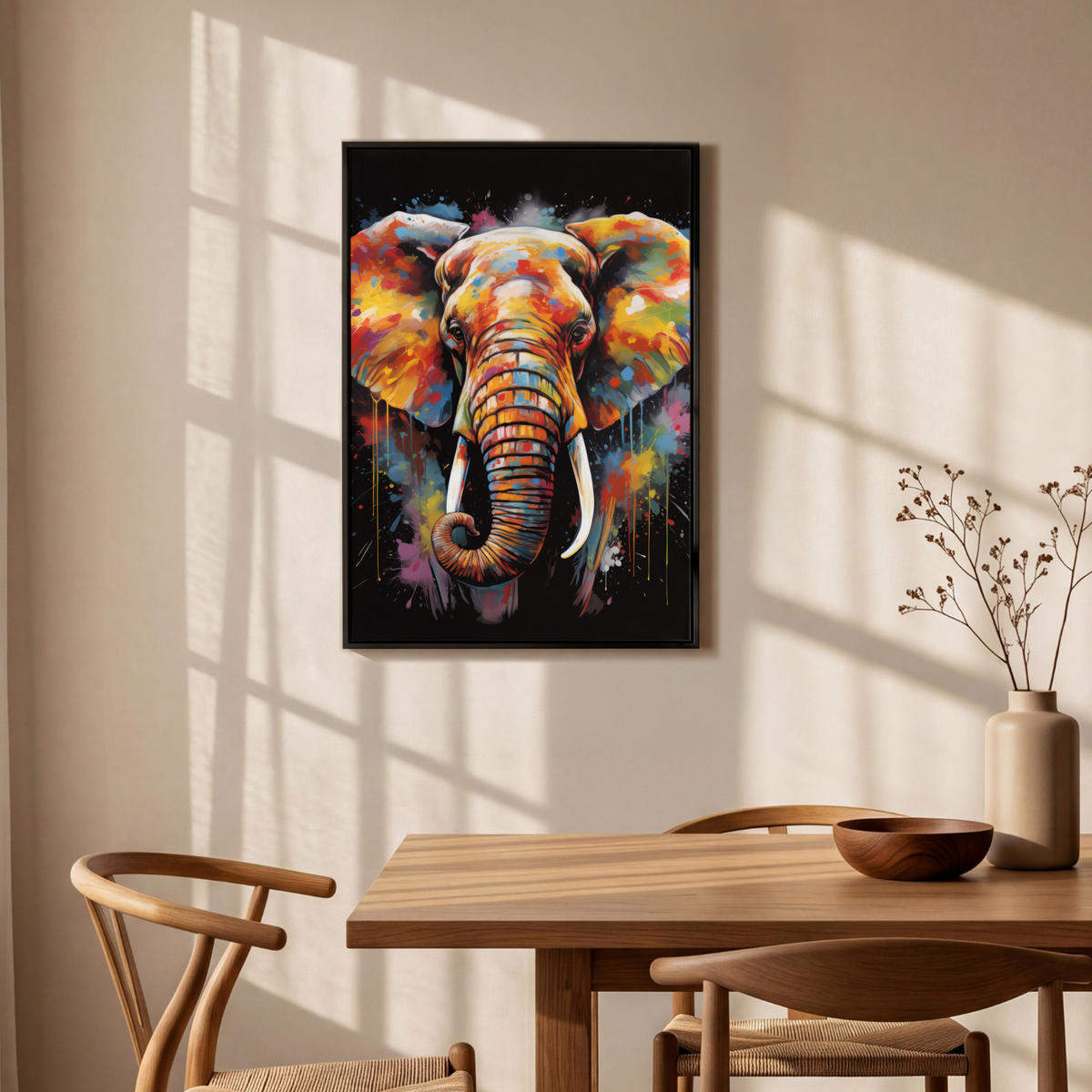 LEINWAND Bilder mit Rahmen - Elefant - Graffiti - Schwarz - Tiere - Farben - 60x90 - Schwarz, Textil (60/90cm) - MuchoWow
