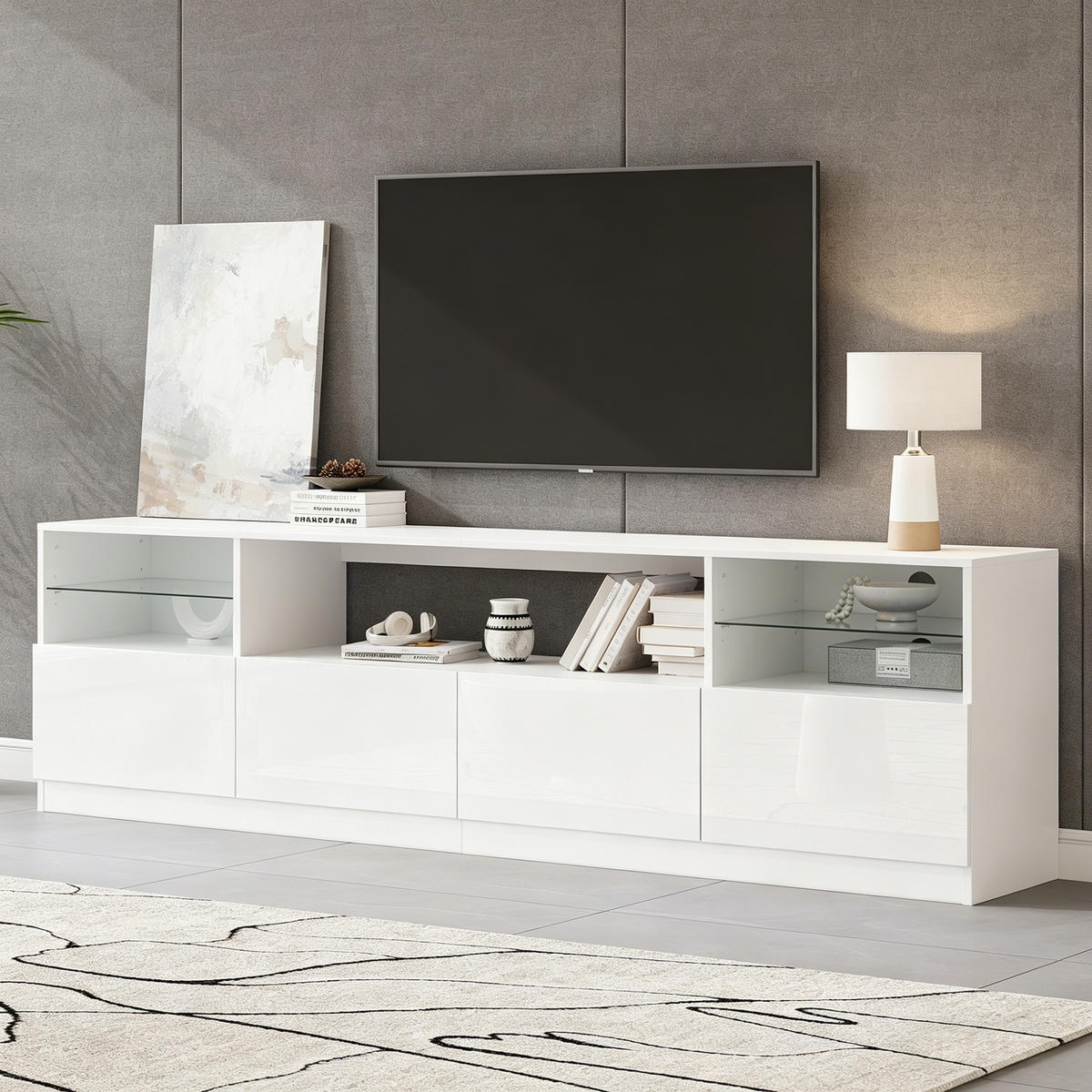 TV-ELEMENT 180/35/60 cm Hochglanz Weiß mit LED-Beleuchtung und 4 Türen - Weiß, Holzwerkstoff (35/60/180cm) - Korfee