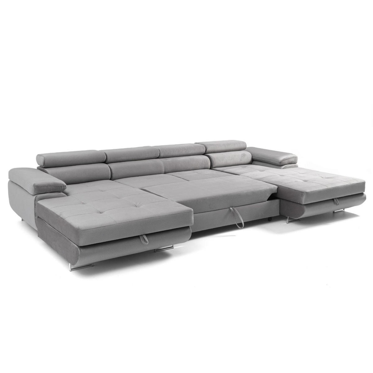 ECKSOFA U-Form ALONZO U mit Schlaffunktion 130x280 Velours Grau - Silberfarben/Grau, Holz/Textil (350/90/203cm) - Muffo