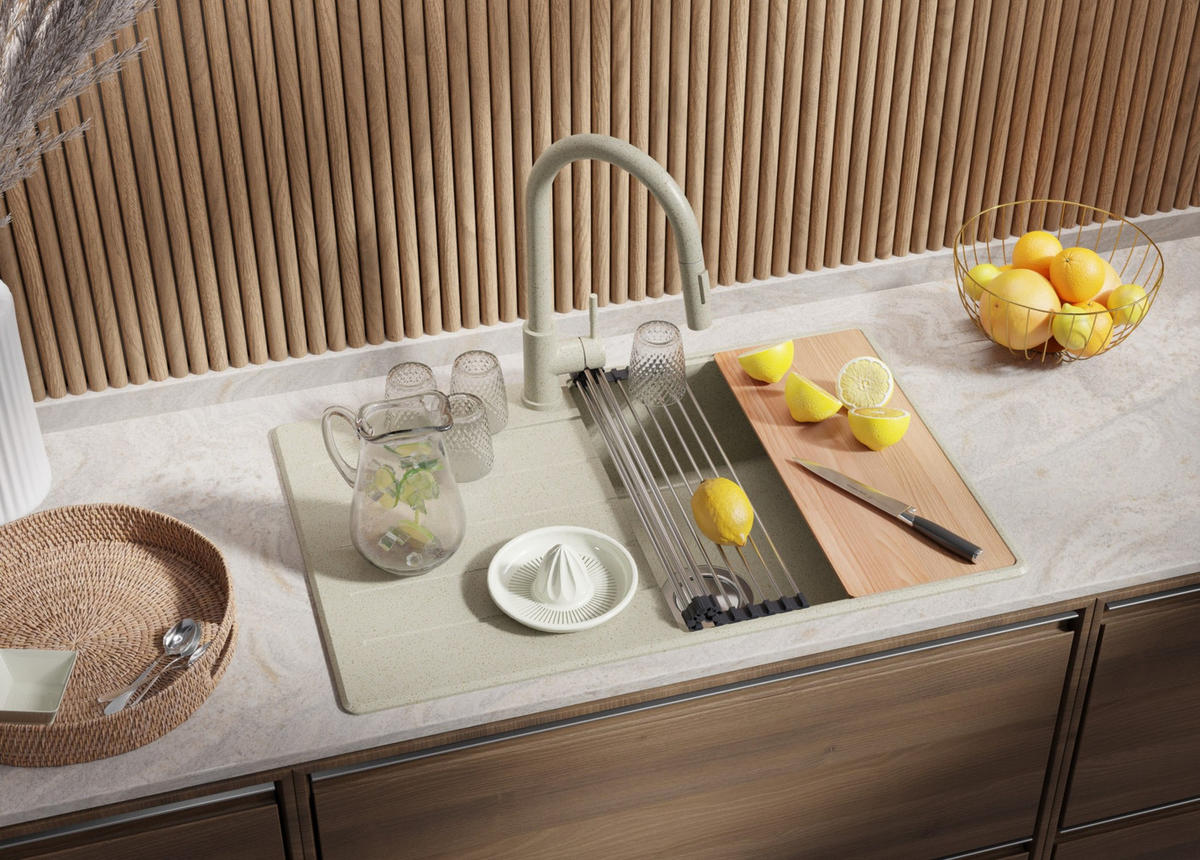 SPÜLBECKEN Kopenhagen, 2-er set Beige 78/50 cm 1 Becken + Ablauf-Set + Schneidebrett ab 50er Unterschrank - Chromfarben/Beige, Kunststoff (78/20/50cm) - Primagran