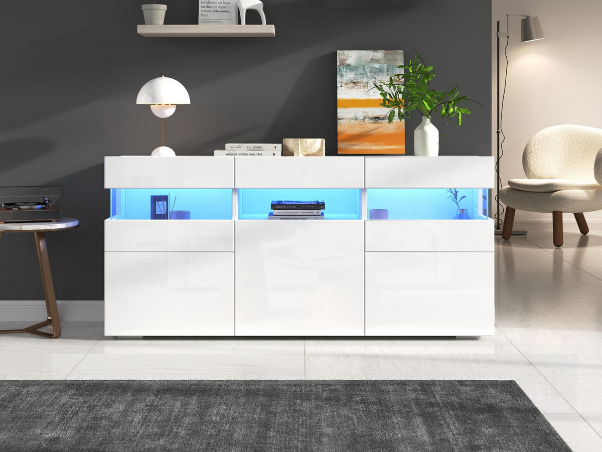 SIDEBOARD 140/40,5/66,5 cm, 3 Türen, Hochglanz-Front und app-gesteuerte LED für Wohnzimmer，Weiß - Weiß, Holzwerkstoff (140/66.5/40.5cm) - Redom