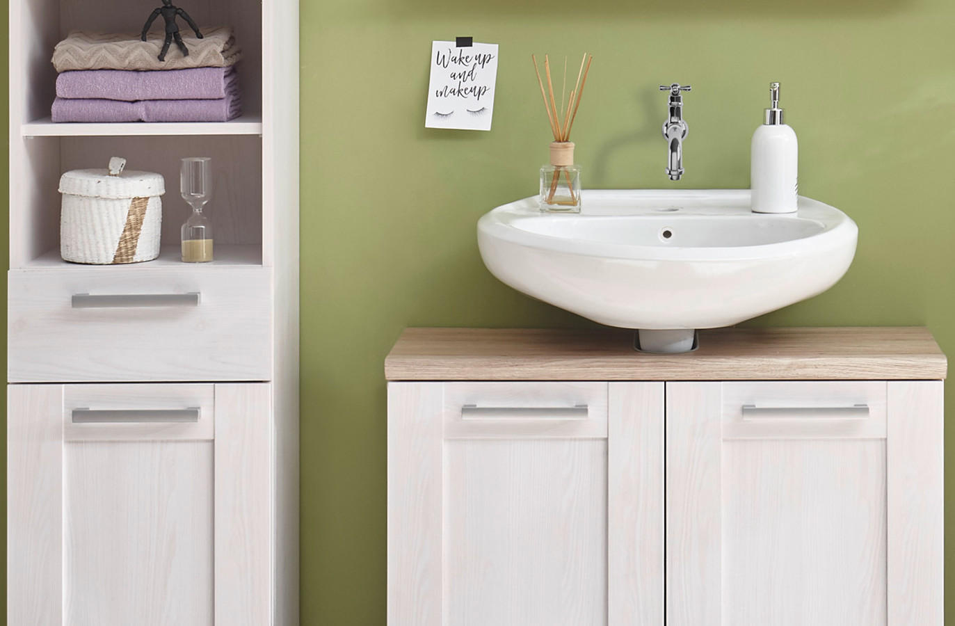 kúpeľňová séria romance, biele umývadlo, skrinka pod umývadlo, policový regál, wake up and make up
