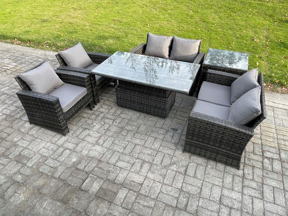 GARTENMÖBEL Set Polyrattan Dunkelgrau 6-Sitzer - Dunkelgrau, Metall - Fimous