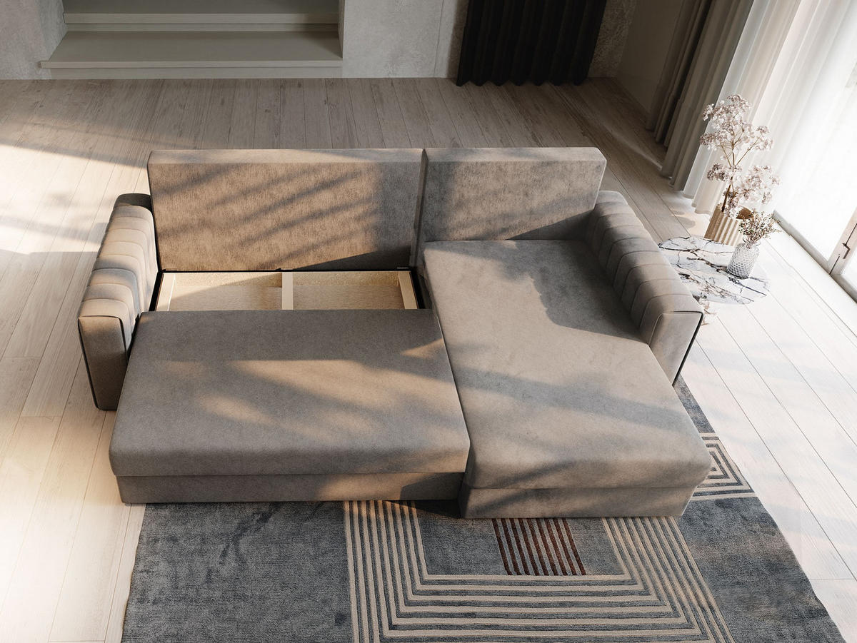 ECKSOFA CARL Beige Plüsch-Stoff mit Schlaffunktion - Beige, Holz (236/150cm) - MASSENO