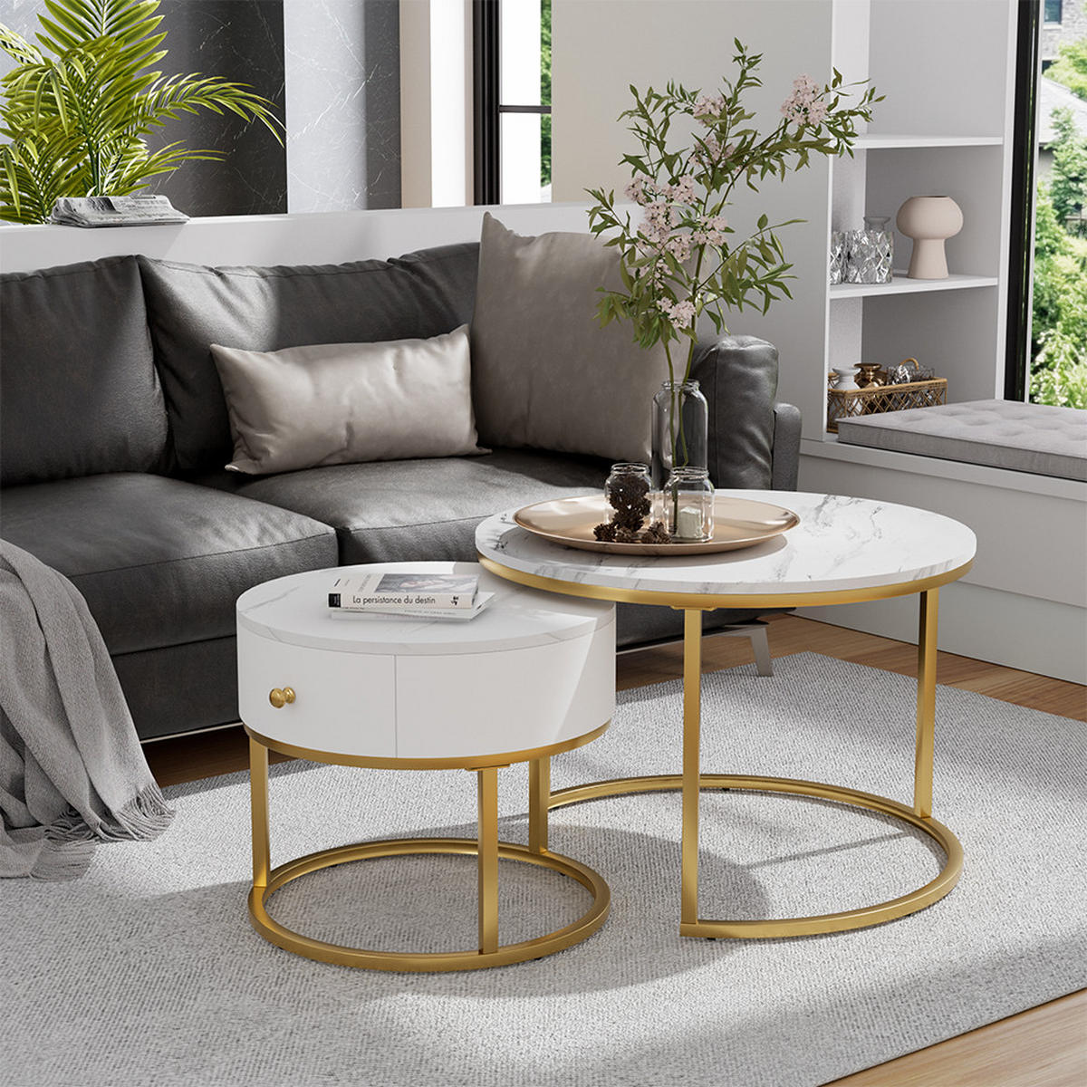 COUCHTISCH-SET Madrid Marmor Weiß 70 x 70 cm , kleiner Tisch mit Schublade - Weiß Hochglanz, Holzwerkstoff (70/70/48cm) - Vicco