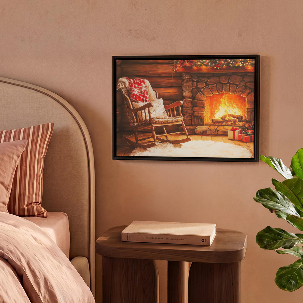 LEINWAND Bilder mit Rahmen - Winter - Weihnachten - Zuhause - Kamin - 40x30 - Bernsteinfarben, Textil (40/30cm) - MuchoWow