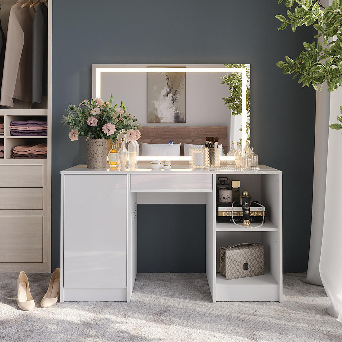 SCHMINKTISCH Sherry Weiß/Weiß Hochglanz 128.2 cm mit LED-Spiegel - Weiß Hochglanz, Holzwerkstoff (128.2/76/50.1cm) - Vicco
