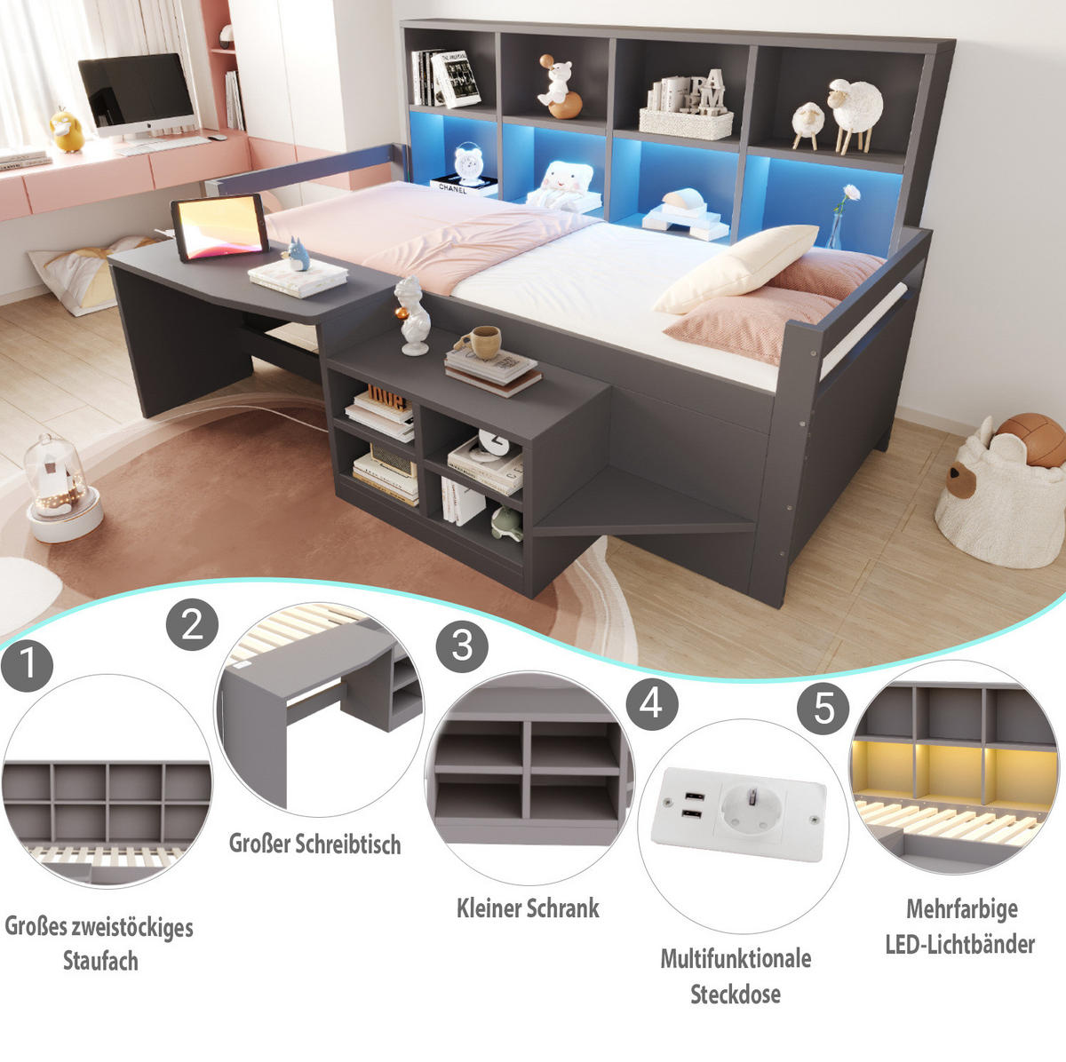 MULTIFUNKTIONSBETT 90/200 cm Grau mit Schreibtisch, Stauraum, LED und USB - Grau, Holz (90/200cm) - MIVRAY