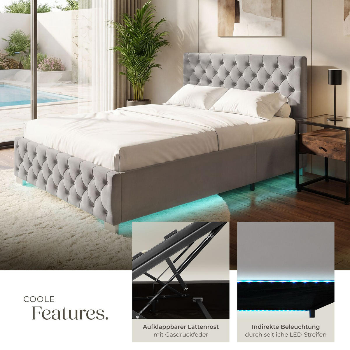 POLSTERBETT Daytona, großer Stauraum, dunkelgrau - Dunkelgrau, Holz (180/200cm) - tectake