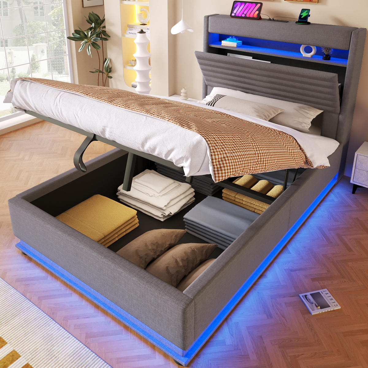 POLSTERBETT 90/200 cm Grau mit LED-Beleuchtung, USB- und Typ-C-Anschluss, hydraulischem Stauraum und Ablage - Grau, Textil (90/200cm) - OKMYHOME
