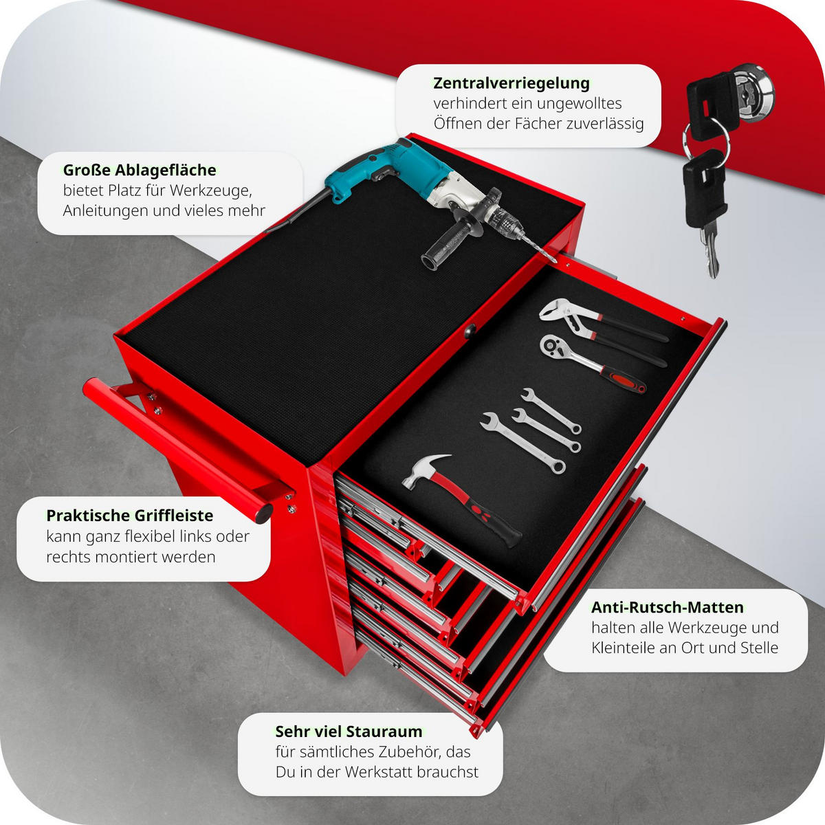 WERKZEUGWAGEN ,Rollen Ø 100 mm,rot - Rot, Metall (33/79/69cm) - tectake