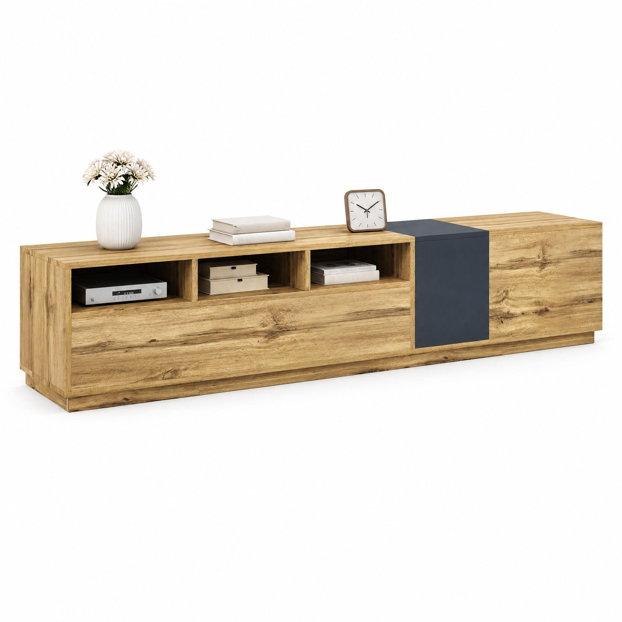 TV-LOWBOARD aus Spanplatte 200x45x45 cm Schwarzgrau in Holzoptik mit Kabeldurchlässen und Stauraum - Schwarz, Holzwerkstoff (200/45/45cm) - IVMEU