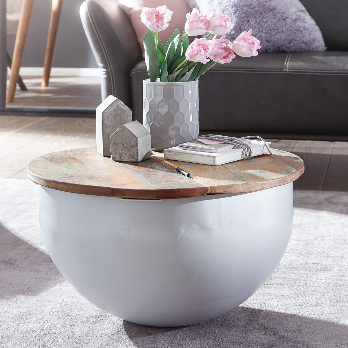 COUCHTISCH rund GRIT Mango Sofatisch - Weiß, Holz (60/60/34cm) - tinkaro