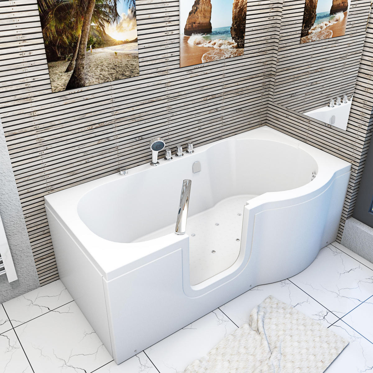 SITZBADEWANNE Senioren Wanne Sitzwanne mit Tür S12-TH-AIR-L 170x85cm - Weiß, Glas/Kunststoff (85/60/170cm) - AcquaVapore by Sandra Jentho