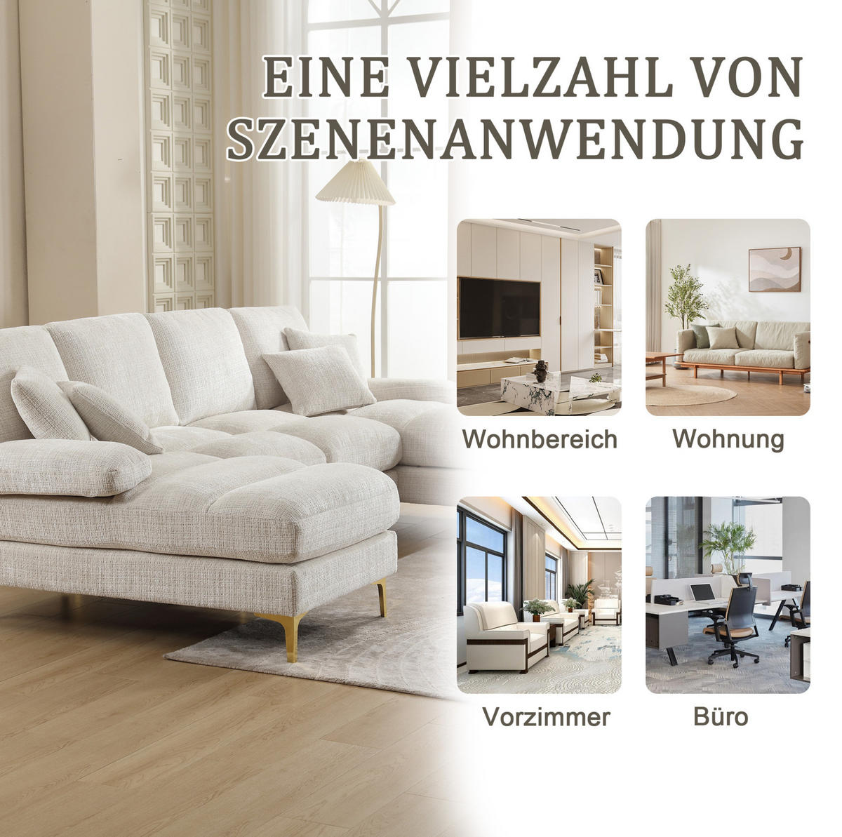 WOHNLANDSCHAFT U-Form 272/136/88 cm in Beige aus Chenille mit 2 Liegeflächen - Beige, Textil (136/88/272cm) - Flora Grace