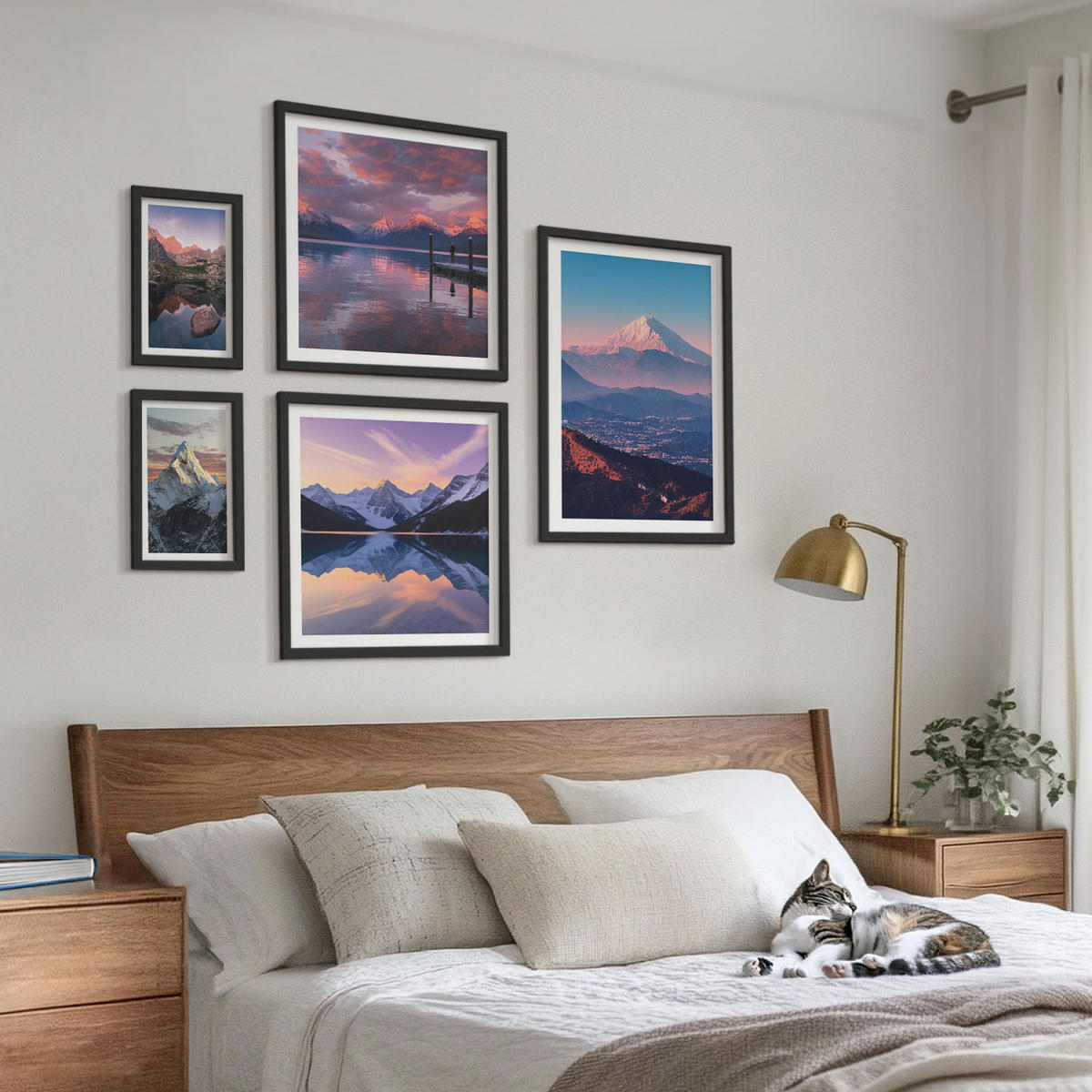 BILDER SET 5er Set - 50x50 cm & 20x30 cm & 40x60 cm Schwarzer Rahmen - Nachtstadt mit Neonlichtern - Schwarz, Kunststoff (40/60cm) - TULUP