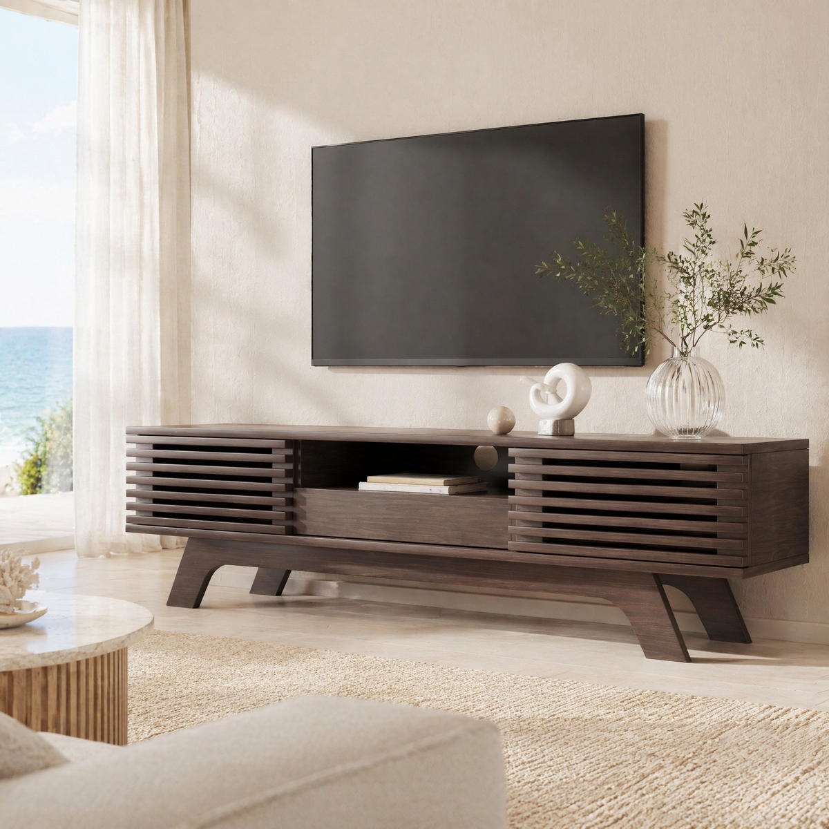 TV STOLEK vintage dřevo, 1 zásuvka, 2 dvířka, do obývacího pokoje, 150×35×44 cm - přírodní, kov/kompozitní dřevo (150/44/35cm) - STILVORA
