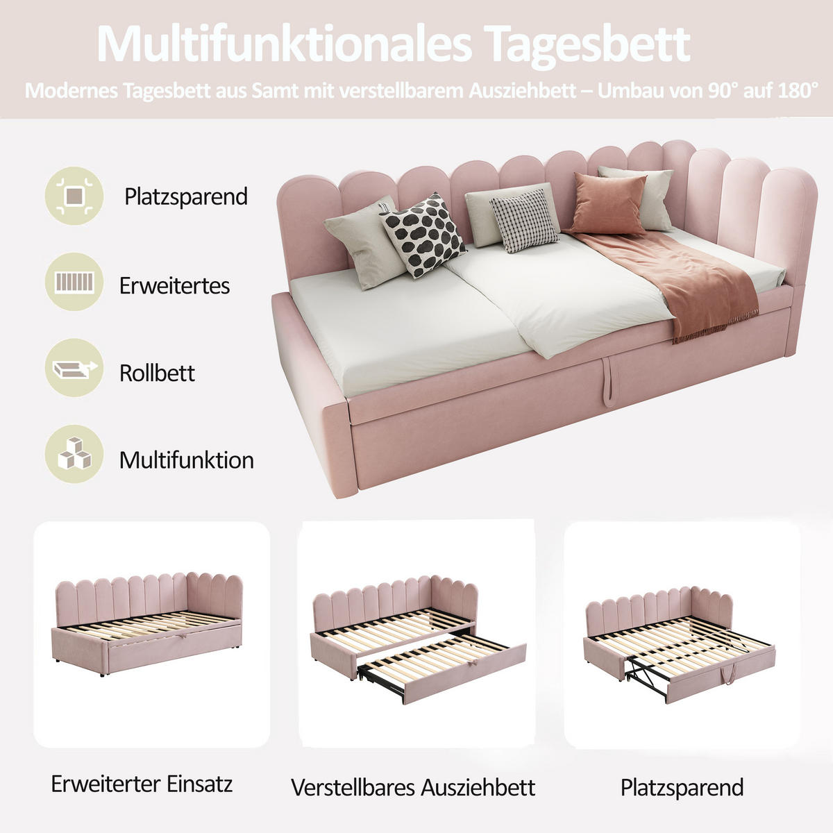 SCHLAFSOFA 90/200 cm & 180/200 cm in Rosa Samt mit Ausziehbett - Rosa, Holzwerkstoff/Textil (90/200cm) - WISHDOR