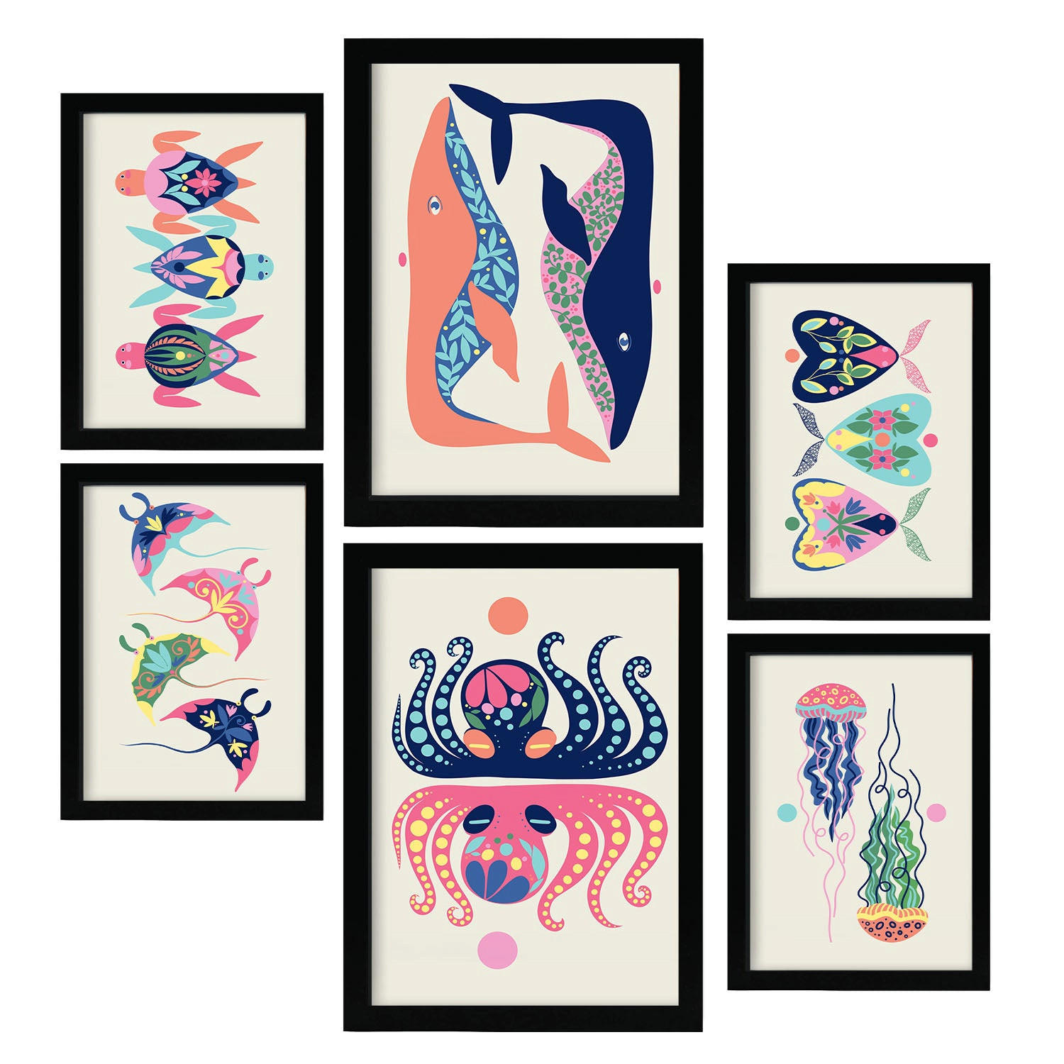 POSTER Set Mit 6 Kreaturen Frames 2 In Tiere Abstracts Ästhetische Dekorative Gemälde Für Ihr Wohnzimmer Schlafzimmer Zuhause A3 & A4 Schwarzer Rahmen - Schwarz, Papier (29/3cm) - Nacnic