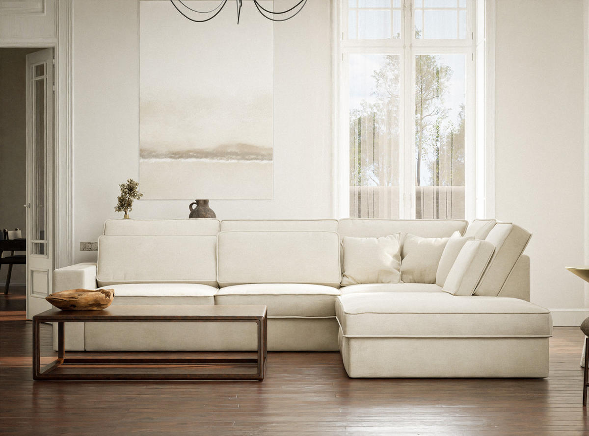 ECKSOFA Kirou Creme Chenille-Stoff - Rechts Seite - Creme/Schwarz, Holz/Holzwerkstoff (311/225cm) - Maison de Reve