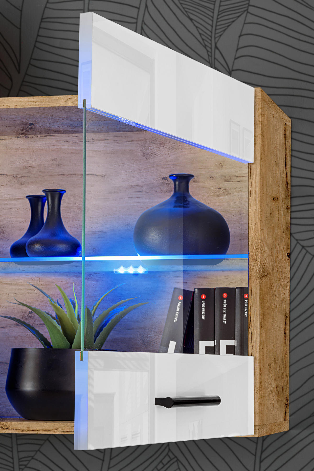 WOHNZIMMERSET Foggia, 6er-Set, Eiche Wotan, Front Hochglanz Weiß, LED Blau - Eiche Wotan/Schwarz, Glas/Holzwerkstoff (230/190/45cm) - Komodee