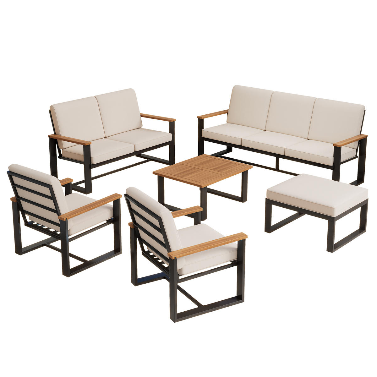 GARTENLOUNGE-SET 175/72/84 cm beige aus Polyester und Akazienholz mit Tisch und Hocker - Beige, Metall - OKWISH