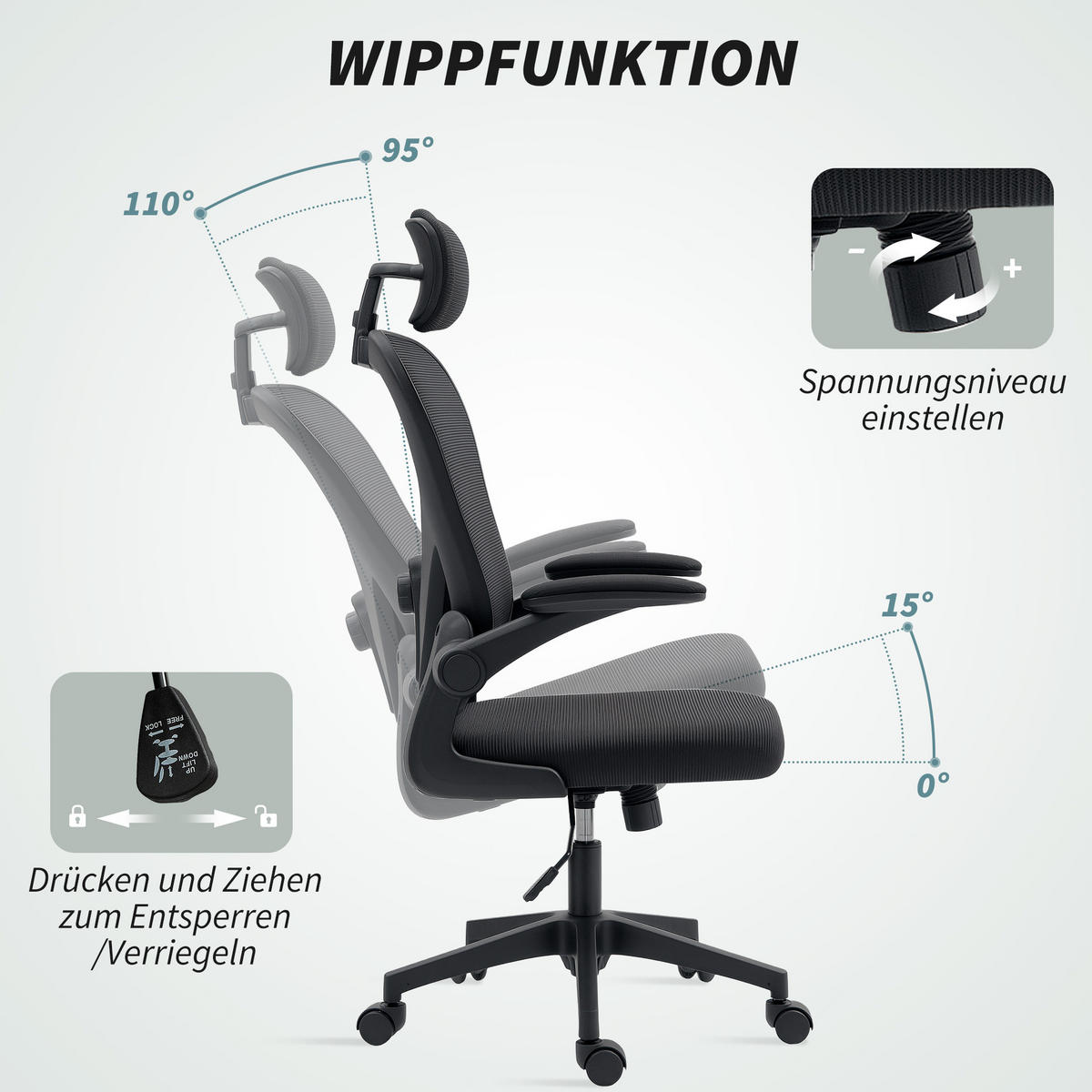 BÜROSTUHL DE-05158 Ergonomisch, klappbare Armlehnen & Lendenstütze Schwarz - Schwarz, Kunststoff (63/125/64cm) - ComfortXL