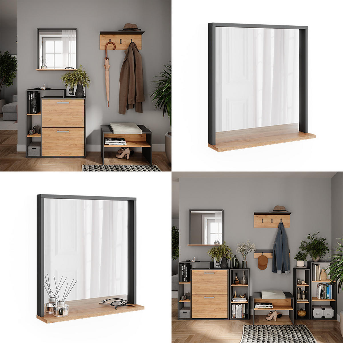 STĚNOVÉ ZRCADLO Orlando Antracit/zlatý dub - medově dubová/antracitová, kompozitní dřevo (57/60/12cm) - Vicco